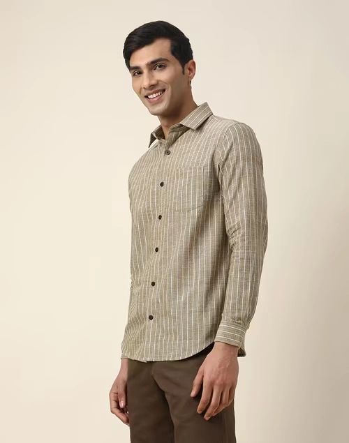 Green Cotton Striped Slim Fit Shirt