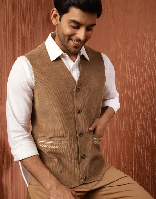 Brown Cotton Striped Slim Fit Vest Jacket