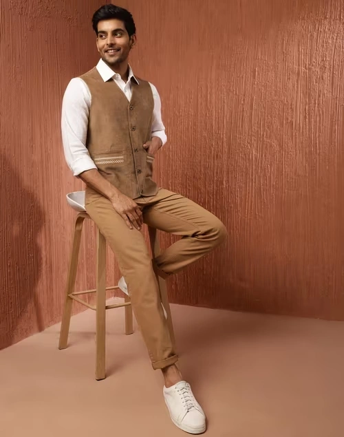 Brown Cotton Striped Slim Fit Vest Jacket