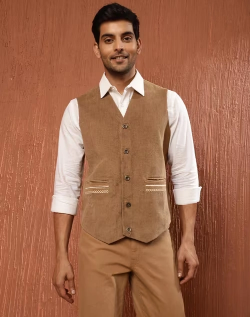 Brown Cotton Striped Slim Fit Vest Jacket 3 Brown Cotton Striped Slim Fit Vest Jacket