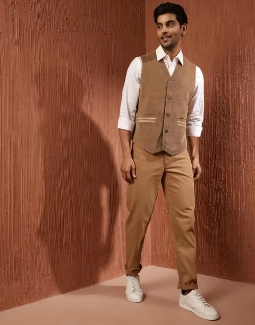 Brown Cotton Striped Slim Fit Vest Jacket 4 Brown Cotton Striped Slim Fit Vest Jacket