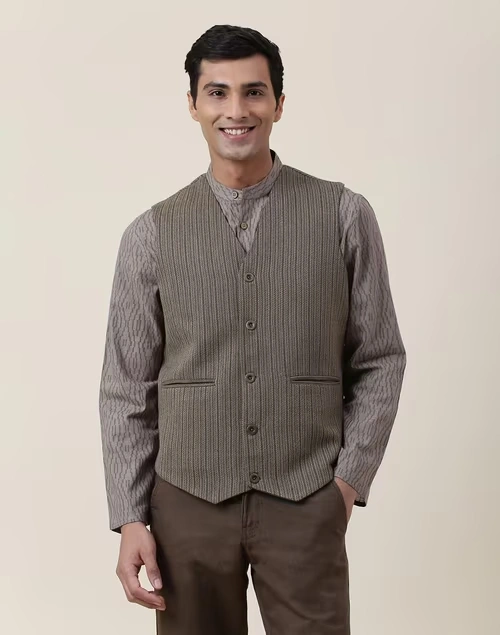 Green Wool Woven Slim Fit Vest Jacket