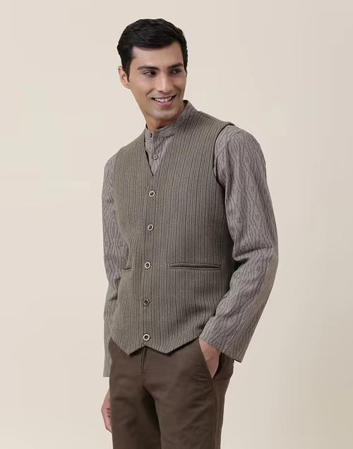 Green Wool Woven Slim Fit Vest Jacket