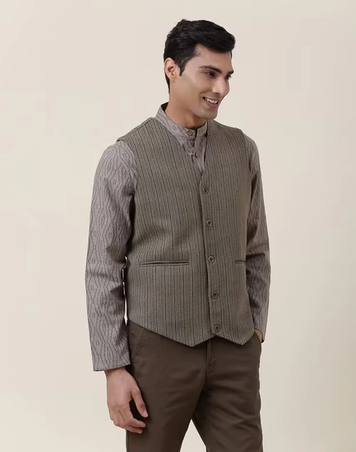 Green Wool Woven Slim Fit Vest Jacket