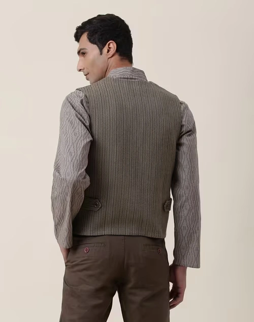 Green Wool Woven Slim Fit Vest Jacket