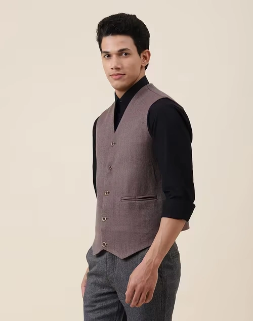 Red Wool Woven Slim Fit Vest Jacket