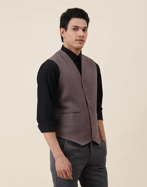 Red Wool Woven Slim Fit Vest Jacket 3 Red Wool Woven Slim Fit Vest Jacket