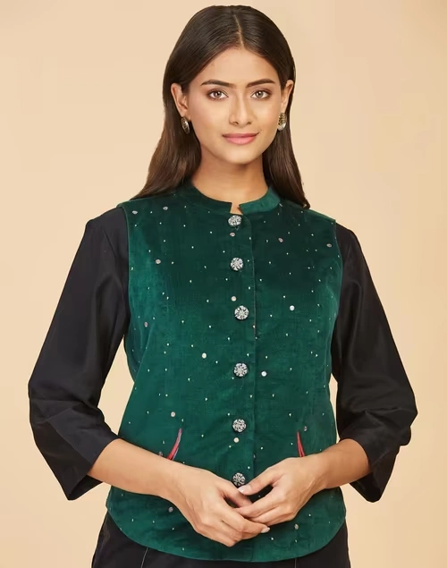 Green Viscose Embroidered Bundi