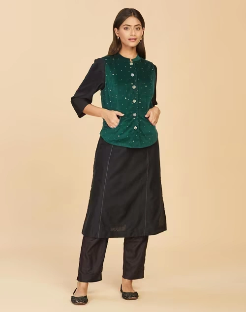 Green Viscose Embroidered Bundi
