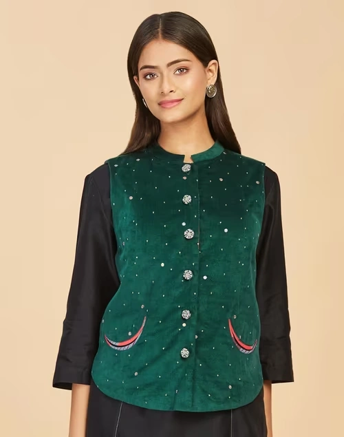 Green Viscose Embroidered Bundi 3 Green Viscose Embroidered Bundi