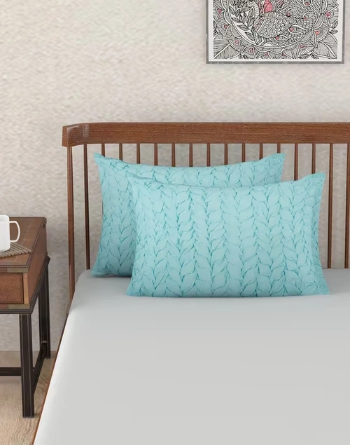 Aqua Magnolia Cotton Embroidered Pillow Case Set of 2