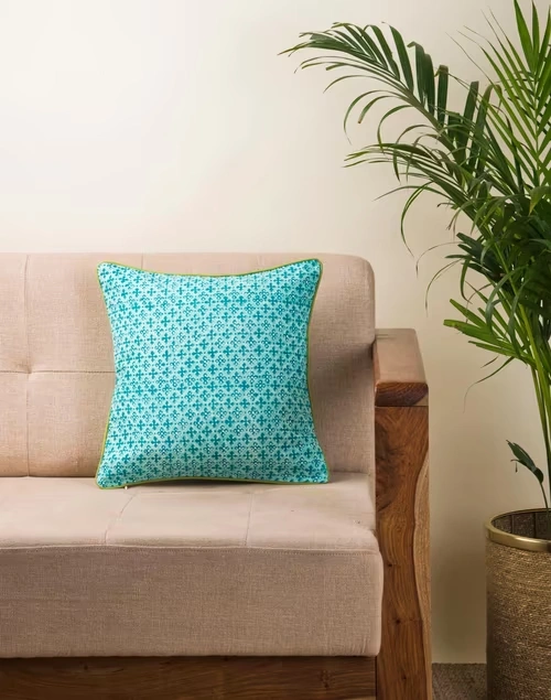 Aqua Magnolia Cotton Printed Cushion Cover