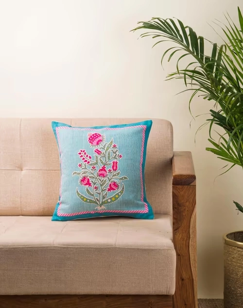 Blue Pink Rasika Cotton Printed Cushion Cover