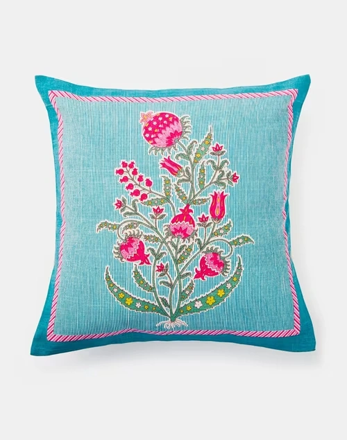 Blue Pink Rasika Cotton Printed Cushion Cover