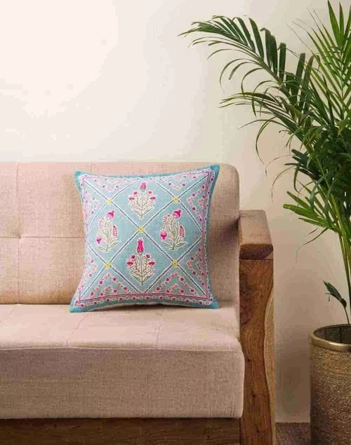 Blue Pink Rasika Cotton Printed Cushion Cover