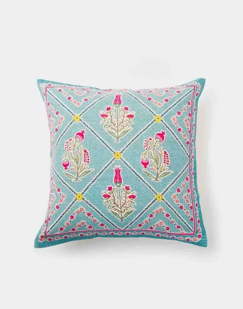 Blue Pink Rasika Cotton Printed Cushion Cover