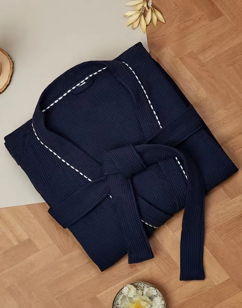 Navy Ashim Cotton Woven Bathrobe