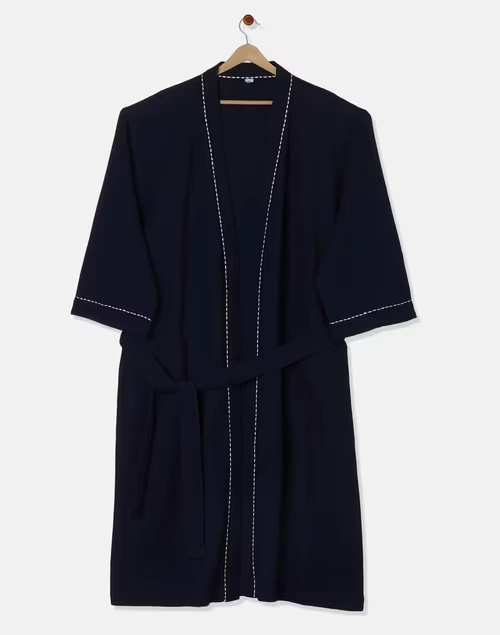 Navy Ashim Cotton Woven Bathrobe