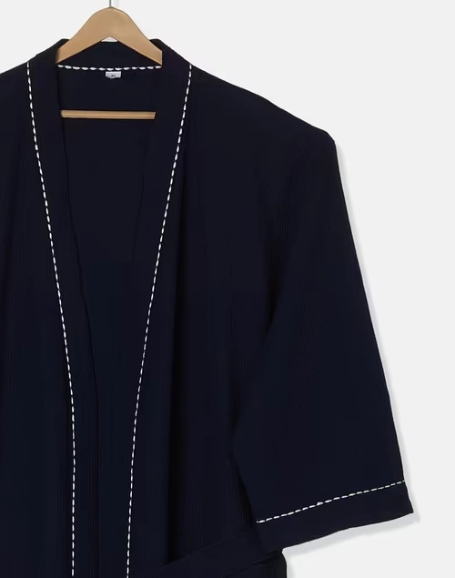 Navy Ashim Cotton Woven Bathrobe 4 Navy Ashim Cotton Woven Bathrobe