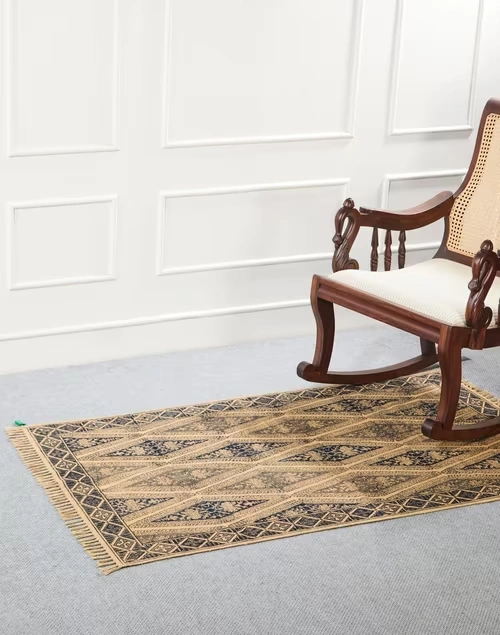 Blue Diamond Hand Woven Kalamkari Printed Cotton Viscose Dhurrie