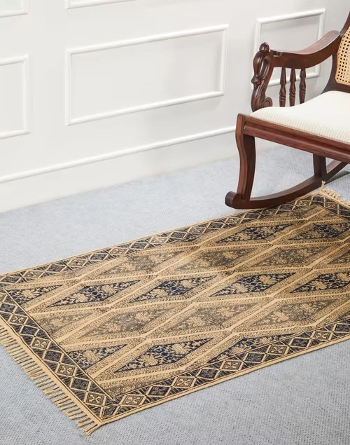 Blue Diamond Hand Woven Kalamkari Printed Cotton Viscose Dhurrie