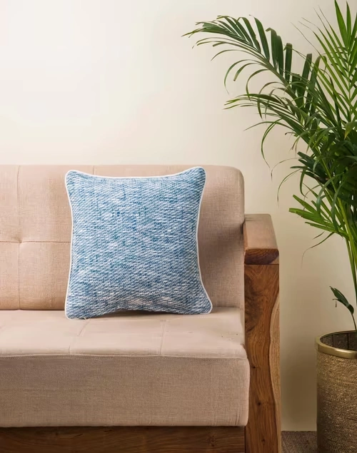 Blue Cotton Woven Cushion Cover