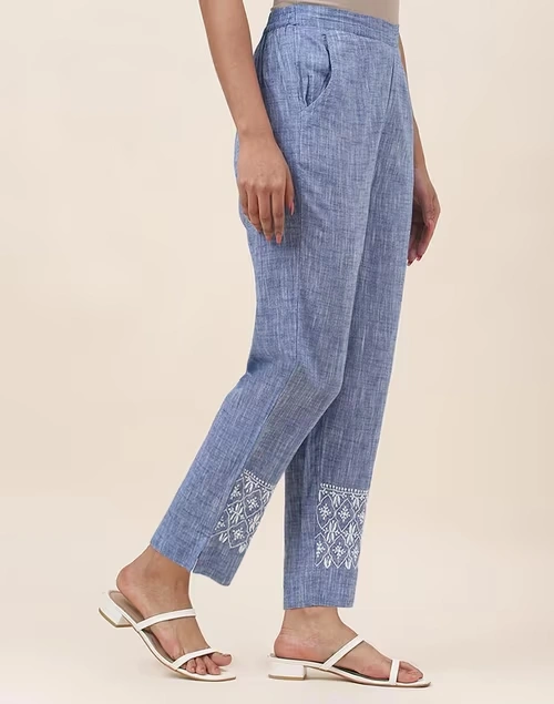 Blue Cotton Chikankari Casual Tapered Pant