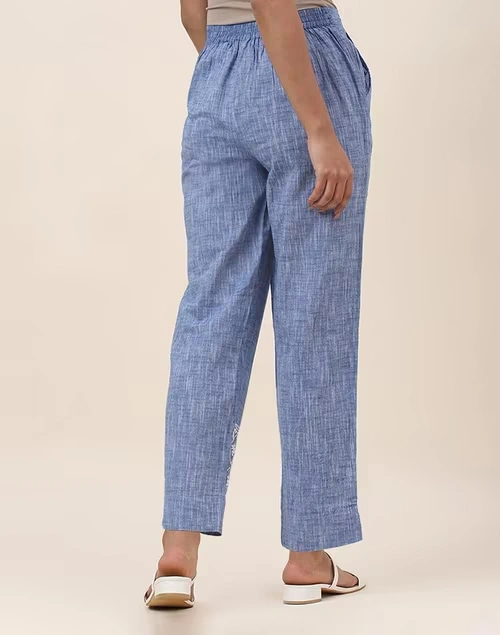 Blue Cotton Chikankari Casual Tapered Pant