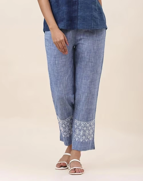 Blue Cotton Chikankari Casual Tapered Pant