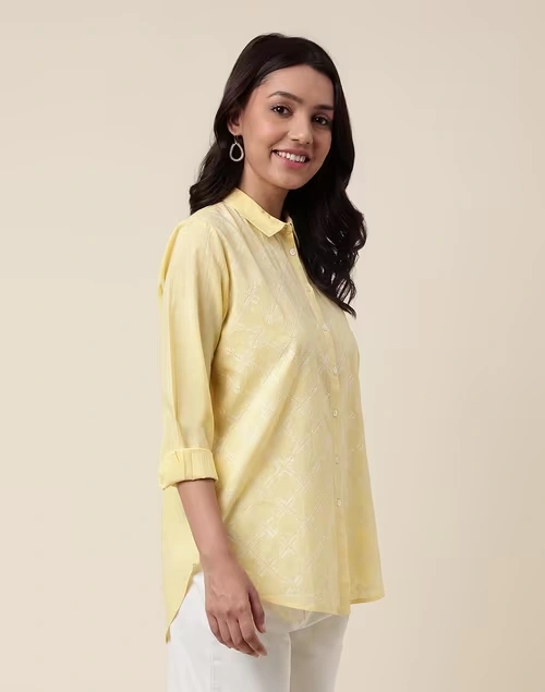 Yellow Cotton Embroidered Shirt