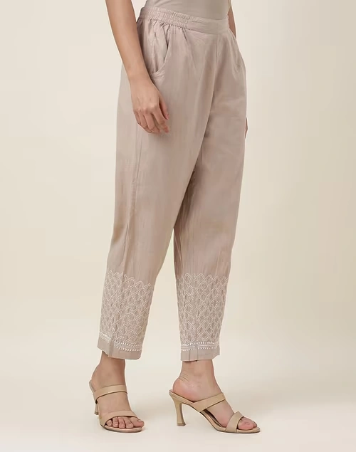 Beige Cotton Ankle Length Pant Casual
