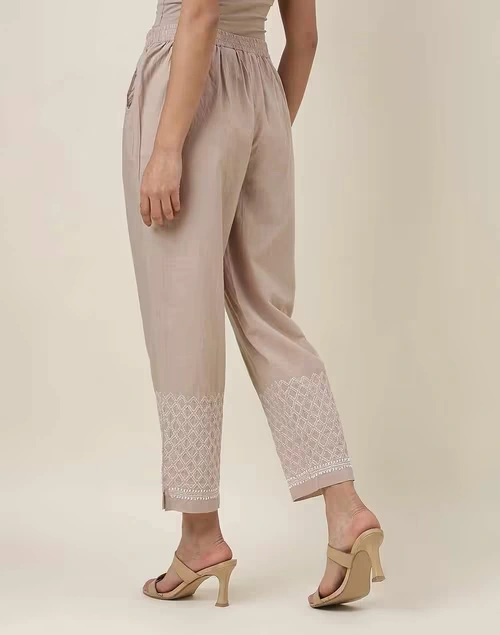 Beige Cotton Ankle Length Pant Casual