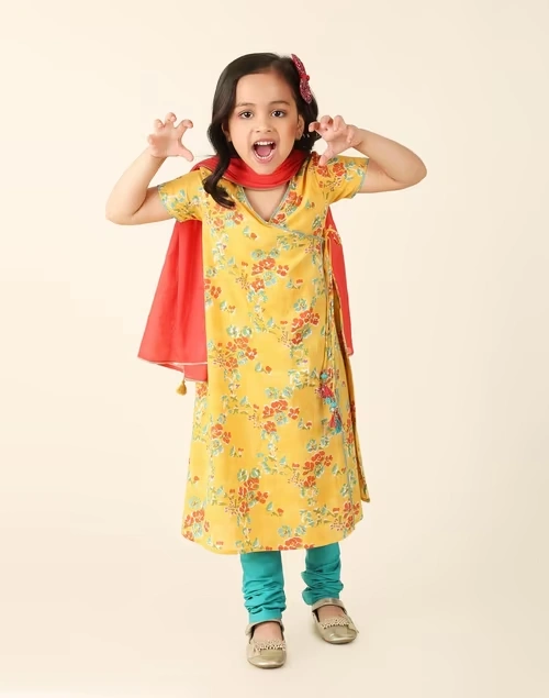 Yellow Cotton Printed 3Pc Churidar Set