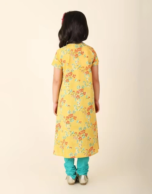 Yellow Cotton Printed 3Pc Churidar Set