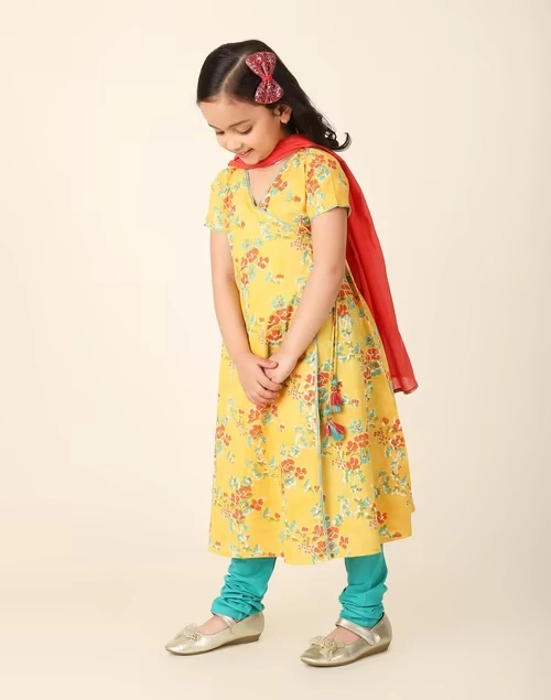 Yellow Cotton Printed 3Pc Churidar Set 3 Yellow Cotton Printed 3Pc Churidar Set