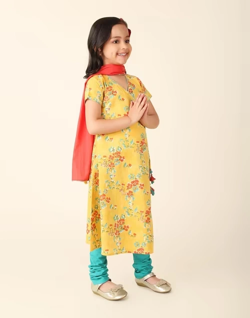 Yellow Cotton Printed 3Pc Churidar Set 4 Yellow Cotton Printed 3Pc Churidar Set