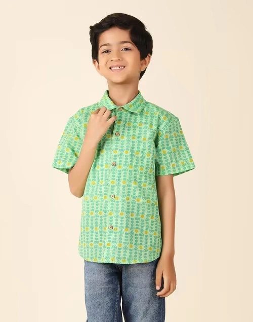 Green Cotton Printed Shirt