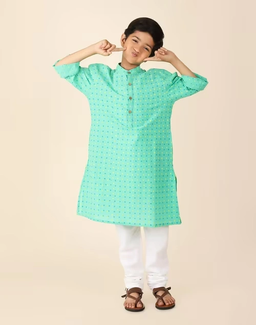 Green Cotton Printed Long Kurta