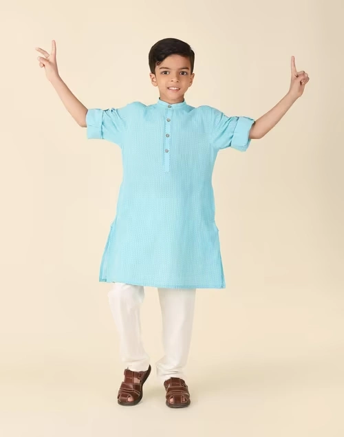 Light Blue Cotton Printed Long Kurta