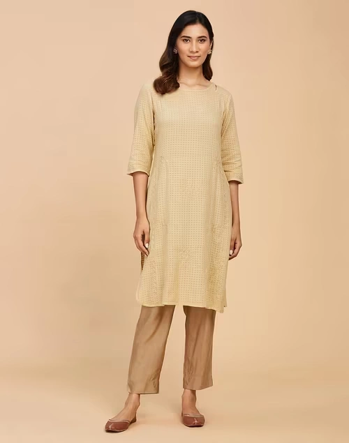 Beige Cotton Chikankari Knee Length Kurta
