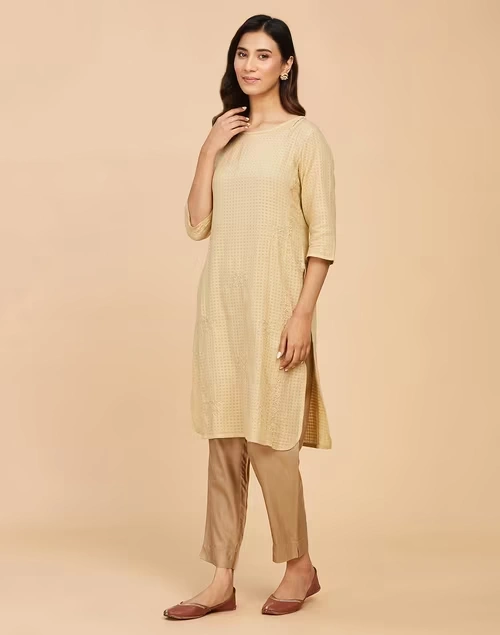 Beige Cotton Chikankari Knee Length Kurta