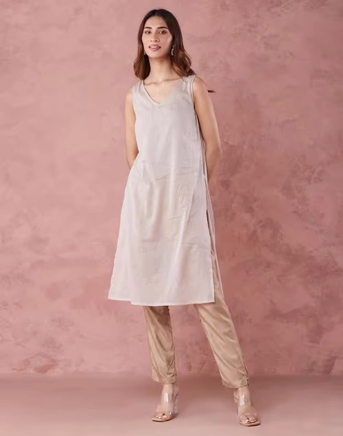 Beige Cotton Silk Chikankari Long Kurta & slip set