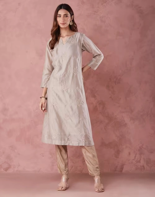 Beige Cotton Silk Chikankari Long Kurta & slip set