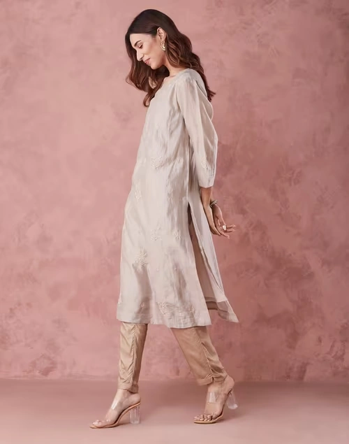 Beige Cotton Silk Chikankari Long Kurta & slip set