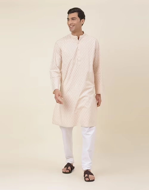 Beige Cotton Printed Long Kurta