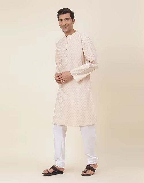 Beige Cotton Printed Long Kurta