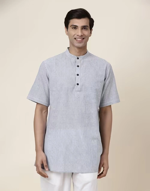 Blue Cotton Dobby Regular Fit Short Kurta