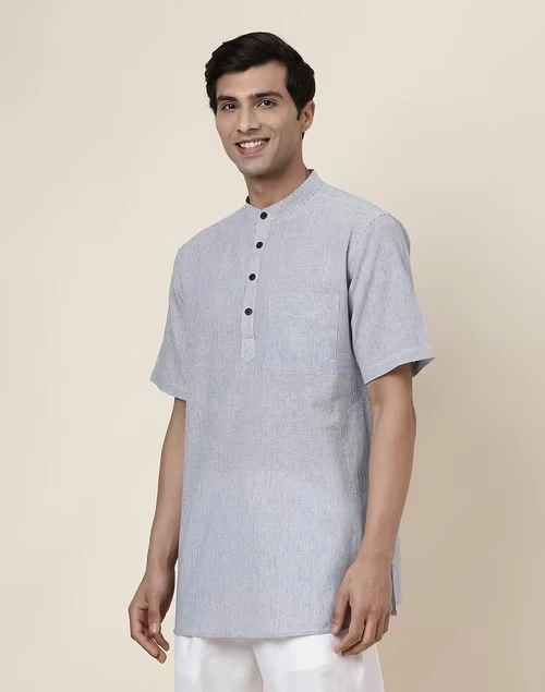 Blue Cotton Dobby Regular Fit Short Kurta