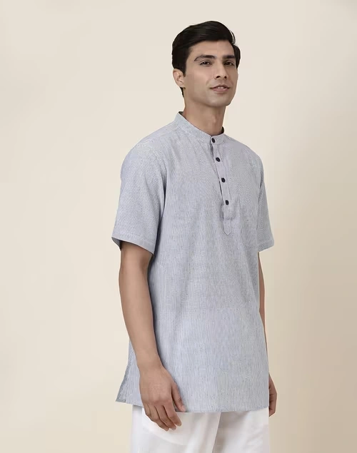 Blue Cotton Dobby Regular Fit Short Kurta 3 Blue Cotton Dobby Regular Fit Short Kurta