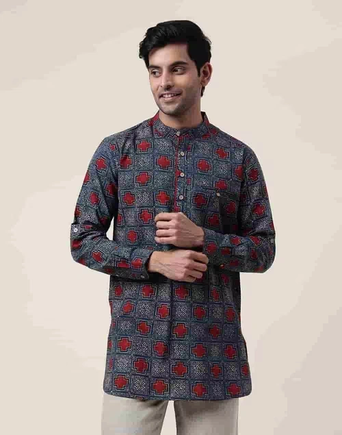 Blue Cotton Printed Slim Fit Short Kurta